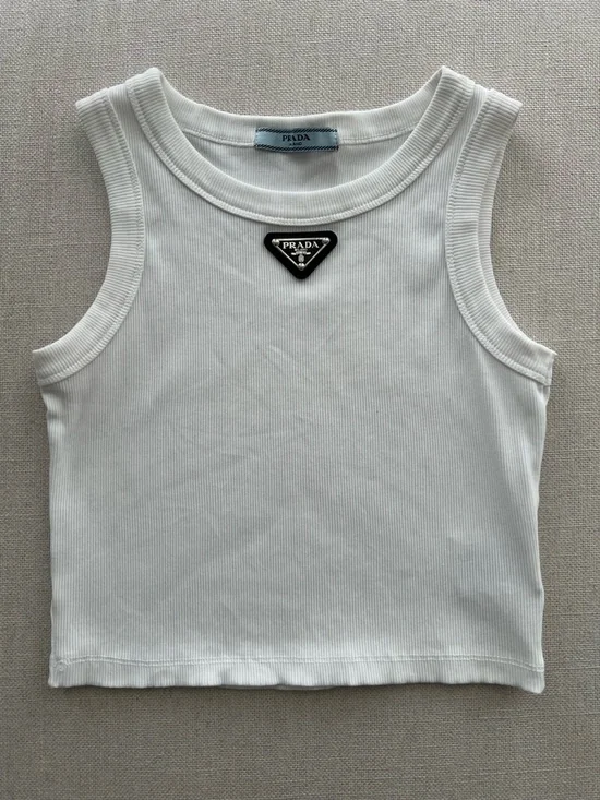Triangle Logo Ribbed White Cotton Cropped Tank Top - Picture 2 of 8